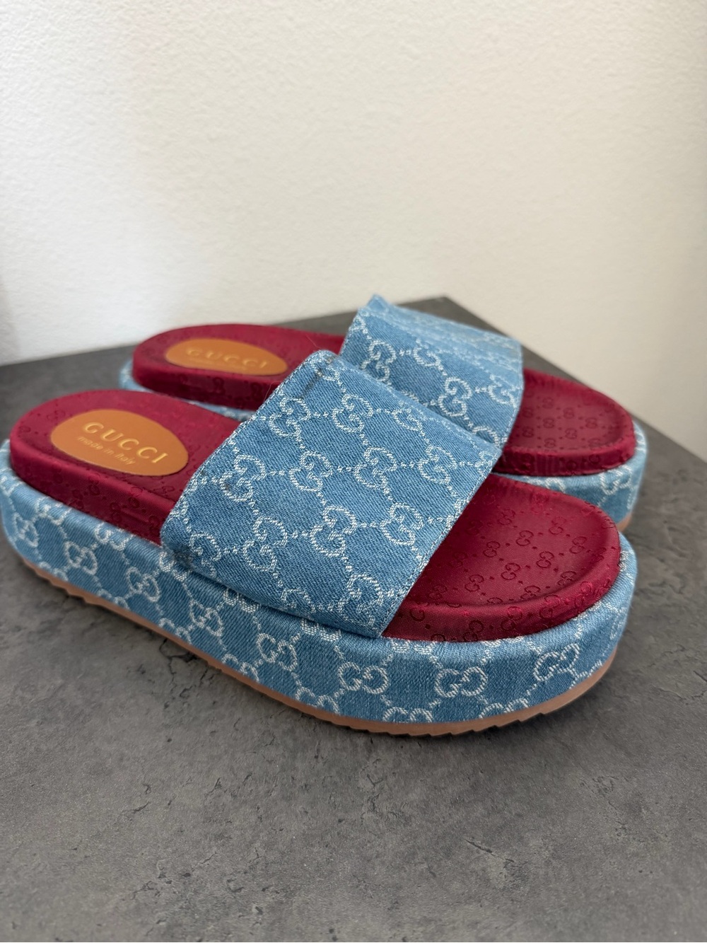 Denim Platform Slides in Blue and Burgundy